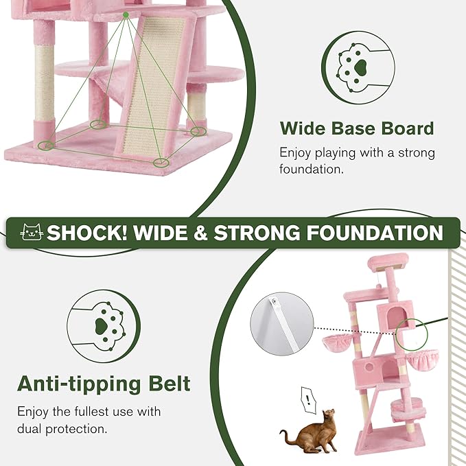 MUTICOR 66 Inches Multi-Level Large Cat Tree Tower for Indoor Big Feline/Cozy Plush Perches/Condo/Sisal Scratching Posts/Hammock and Baskets/Activity Center Play House/Wide Base/Pink-Mewly Pet