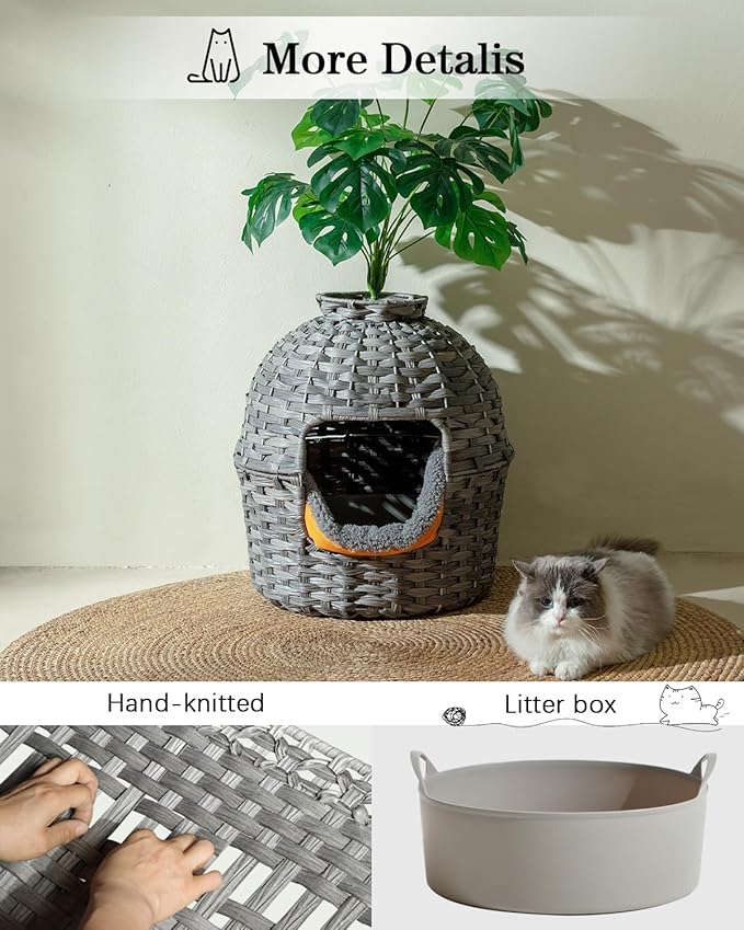 Cat Litter Box Plant Enclosure, Hidden Handwoven Rattan with Cat Litter Box Furniture and Artificial Plants, Odor Control Filter, Real Stones in Living Room, Bedroom, Corner (Gray)-Mewly Pet