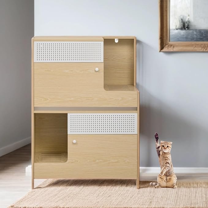 Cat Litter Box Enclosure Furniture Hidden Indoor 2-in-1 Wooden Cat House & Washroom Cabinet with Drawer for 2 Cats, 31.4"x15.7"x44.8"H-Mewly Pet