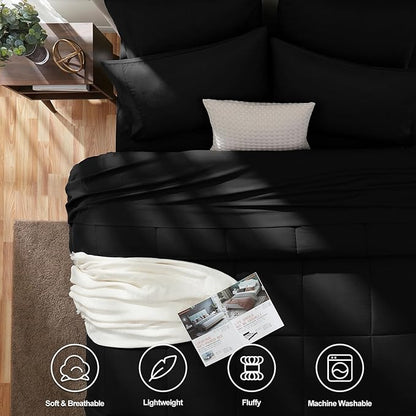 CozyLux King Size Comforter Set Black, 7 Pieces Bed in a Bag, Black Comforter King Size, All Season Bedding Sets with Stitch Quilted Comforter, Flat Sheet, Fitted Sheet, Pillowcases