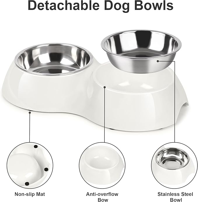 Stainless Steel Dog Bowls Set – Dual Non-Slip Pet Dishes with 2 Small (4oz*2) Bowls & Durable Resin Stand,Food & Water Feeder for Puppies, Kittens, and Small Breed Dogs– White-Mewly Pet