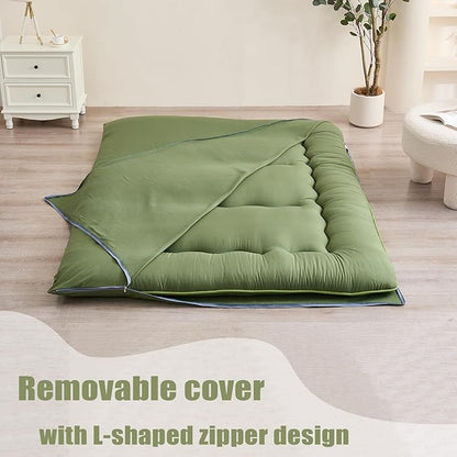 Japanese Floor Mattress, Futon Mattress with Portable Storage Bag and Washable Cover, Roll Up Thick Tatami Mat Suitable for Camping, Guest Room, Green, Twin