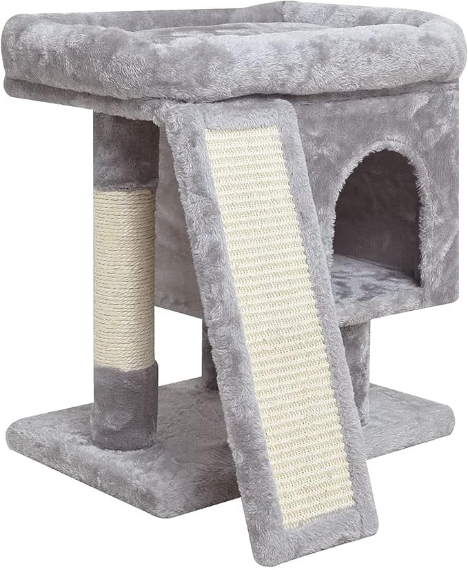 SYANDLVY Small Cat Tree for Indoor Cats, Cat Tower with Scratching Post, Modern Activity House for Large Cats, Condo with Board, Kittens Cave (Light Grey)-Mewly Pet