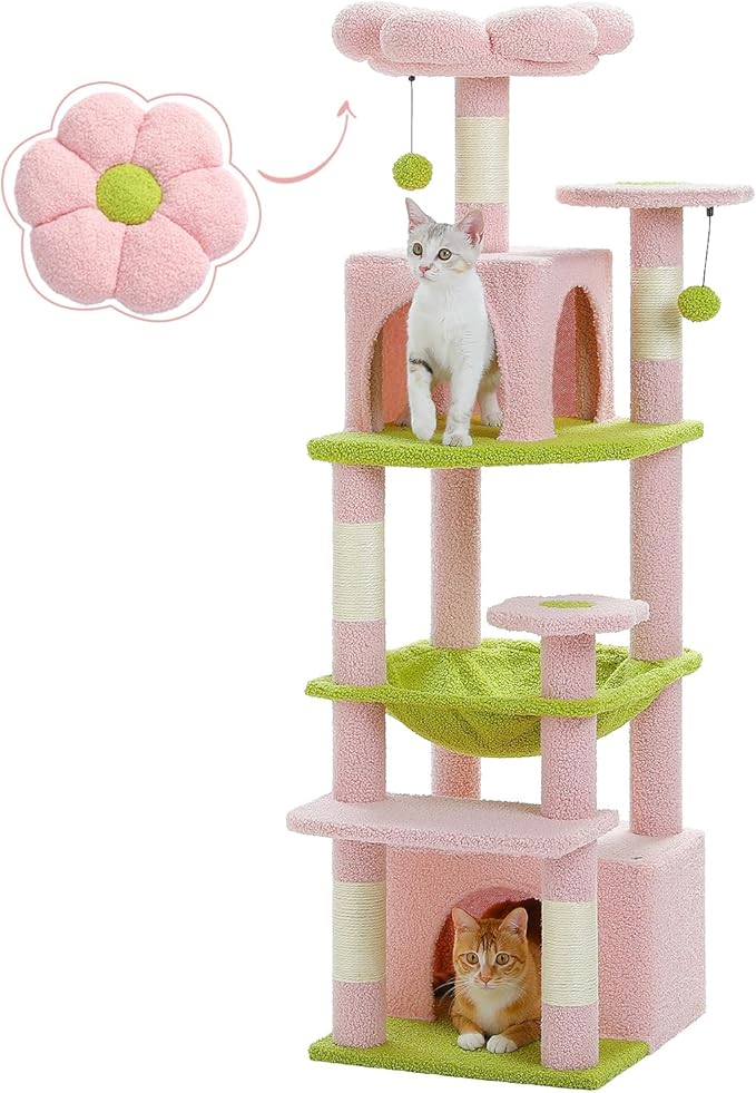 PAWZ Road Cat Tree, 53.5 Inches Tall Cat Tower with Spacious Hammocks, Condos and Scratching Posts, Cat House with Dual Padded Perches for Indoor Large Cats-Pink-Mewly Pet