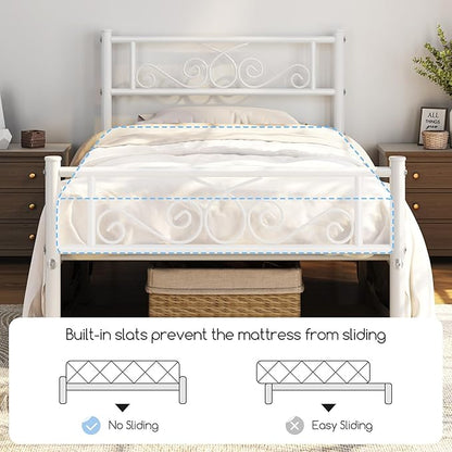 Yaheetech Twin Bed Frames Metal Platform Bed with Headboard and Footboard No Box Spring Needed Easy Assembly,Under-Bed Space: 12.6''/White/Twin Bed