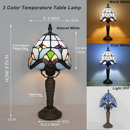 Tiffany Small Lamp Blue Baroque Stained Glass Table Lamp 3 Way Color-Temparetures Bedside Nightstand Table Lamps for Bedroom Living Room Home Office Desk Light W/LED Bulb 6X6X12.5Inch