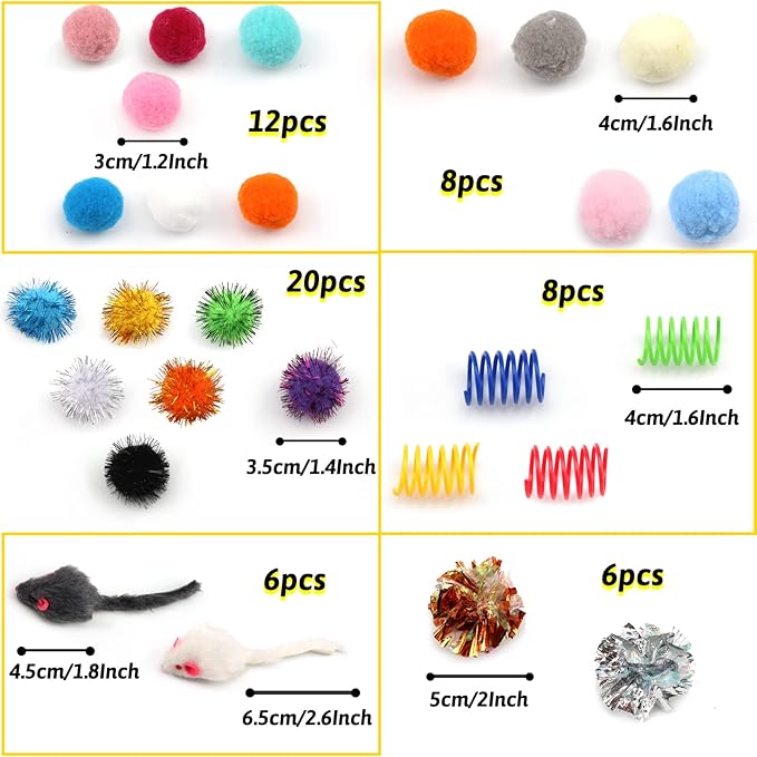60 Pack Cat Toys - Assorted Kitten, Mouse, Crinkle & Pom Pom Balls-Mewly Pet