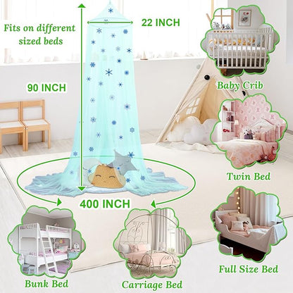 South to East Bed Canopy for Girls with Glowing Snow in The Dark, Cyan Princess Bed Curtains for Kids Bed & Toddler Bed, Twin, Full & Queen, Mosquito Net Canopy for Girls