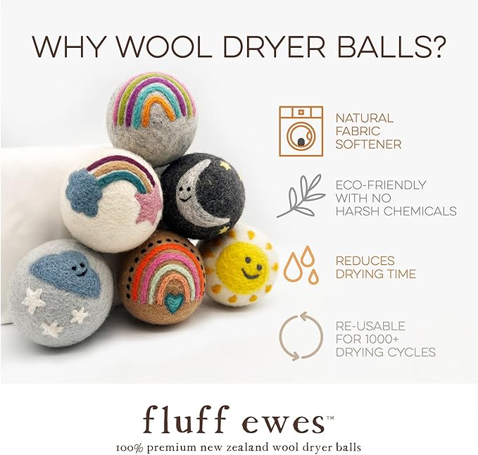 Fluff Ewes Wool Dryer Balls 6 Pack Premium New Zealand Wool Laundry Balls for Dryer, No Static Dryer Balls Laundry Reusable, XL Wool Dryer Balls Cute, Baby Dryer Balls for Dryers - Rainbow or Shine-Mewly Pet