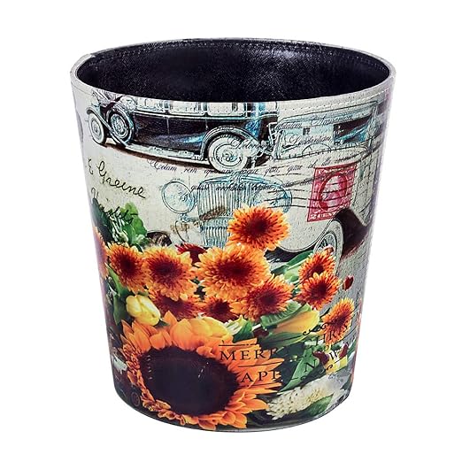 Leather Trash Can, Retro Decorative Waste Basket, 10L Capacity Small Waste Paper Basket, Waterproof Garbage Can for Bathroom, Bedroom, Office, Kitchen and Living Room - Sunflower