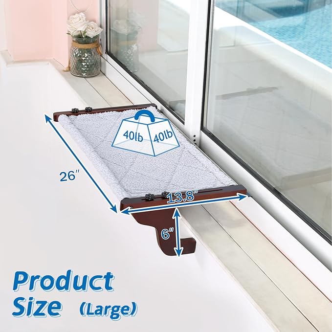 Easy Seat Cat Perch for Window Sill - Hammock Design w/Premium Wood & Robust Metal Frame - Cat Window Seat for Large Cats and Kittens (Dark Stained Wood w/Gray Bed, Large (26''W x 14''D))-Mewly Pet