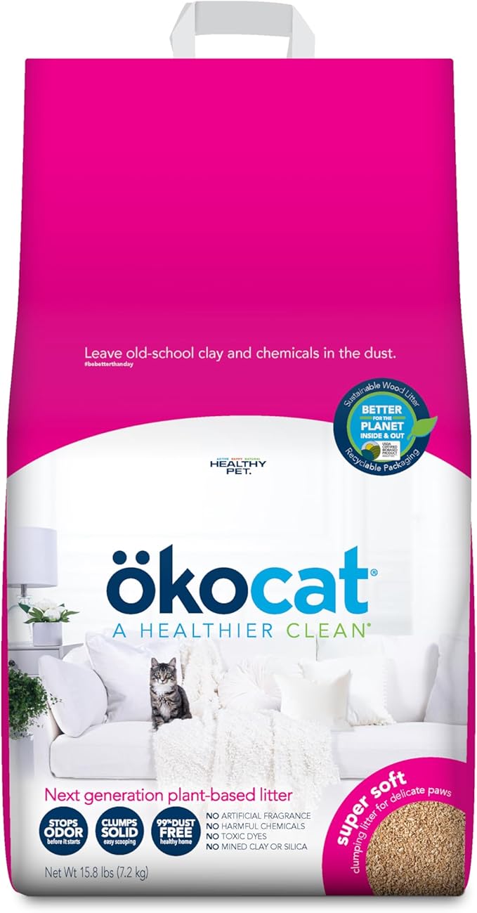 ökocat Super Soft Wood Clumping Cat Litter, Unscented, 15.8 pounds - Natural Ingredients, Stops Odor, Clumps Solid, 99% Dust Free, Great for All Cats, Sensitive Paws, Kittens-Mewly Pet