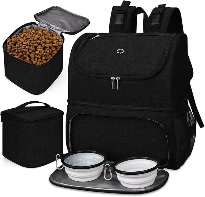 BAGLHER Pet Travel Bag, Double-Layer Pet Supplies Backpack (for All Pet Travel Supplies), Pet Travel Backpack with 2 Silicone Collapsible Bowls and 2 Food Baskets Black-Mewly Pet