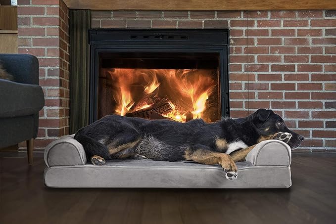 Furhaven Orthopedic Dog Bed for Large/Medium Dogs w/ Removable Bolsters & Washable Cover, For Dogs Up to 55 lbs - Faux Fur & Velvet Sofa - Smoke Gray, Large-Mewly Pet