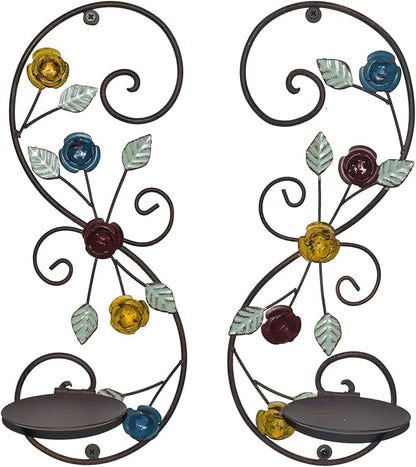 Wall Sconces Candle Holder Set of 2, Antique Multi-Color Leaf Branch Wall Mount Hanging Metal Wall Candle Holder Candle Sconce for Living Room Dining Room