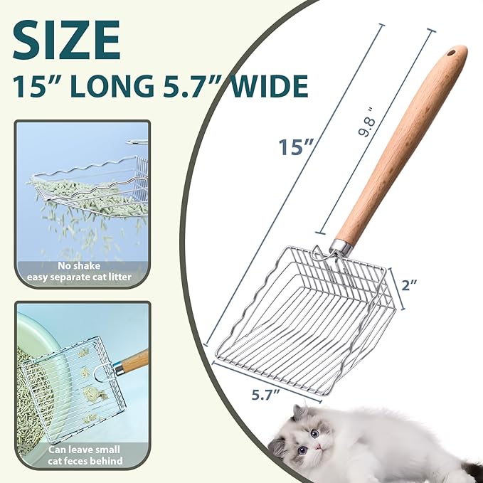 Cat Litter Scoop, Kitty Metal Scooper with Hook and Long Hole, Stainless Steel Kitten Poop Lifter for Litter Box, Non Stick, Durable and Heavy Duty Sifter for Easy Clean-Mewly Pet