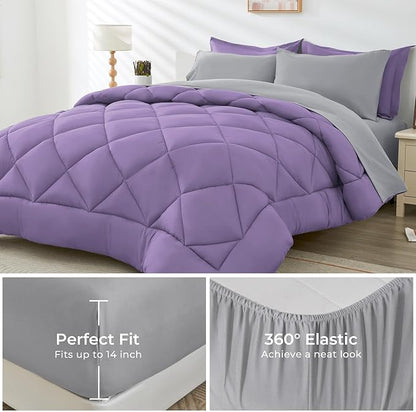 HEVUMYI Cali-King Comforter Set - 7-Piece All Season Bed in a Bag Cali-King, Ultra Soft Bedding Set with Comforter, Flat Sheet, Fitted Sheet, Pillowcases, Pillow Shams, Purple & Light Grey