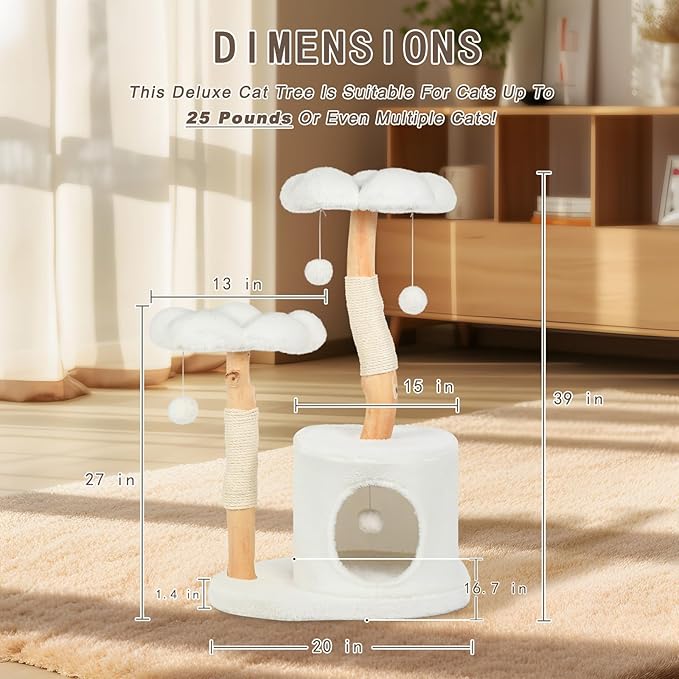 Cute Cat Tree Tower for Indoor Cats Adult, Wood Flower Cat Trees with 6 Pompoms, Modern Cat Tree Tower with Scratching Post, Aesthetic Luxury Cat Condo for Cats Kitten, Alpine White-Mewly Pet