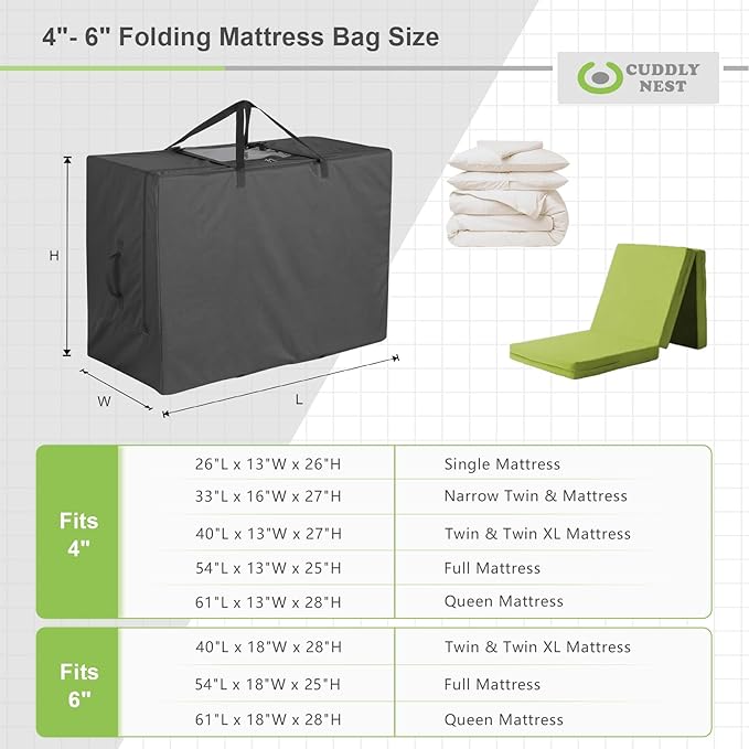 Cuddly Nest Folding Mattress Storage Bag - Heavy Duty Carry Case for Tri-Fold Guest Bed (Fits 6" Full Mattress,Black)