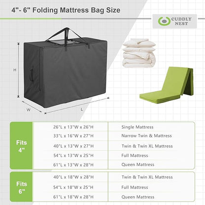 Cuddly Nest Folding Mattress Storage Bag - Heavy Duty Carry Case for Tri-Fold Guest Bed (Fits 6" Twin & Twin XL Mattress,Black)
