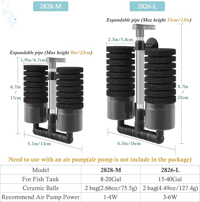 Air Powered Aquarium Sponge Filter with Biochemical Sponge and Ceramic Balls, Quiet Submersible Fish Tank Filter for 15-40Gallon （L-8.7in）-Mewly Pet