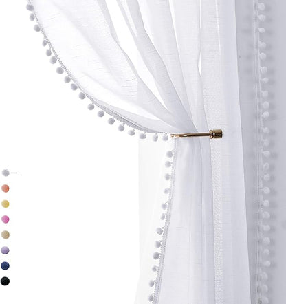 Treatmentex Pom Pom White Sheer Curtains for Living Room 63" Linen Texture Rod Pocket Window Sheers 52" w x 2 Panels, Rod Pocket Drapes