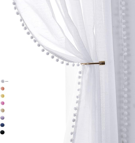 Treatmentex Pompom Sheer White Curtains for Living Room Kid's Room 72" Window Voile Drapes Slub Linen Texture Bedroom Curtains 2 Pack Rod Pocket