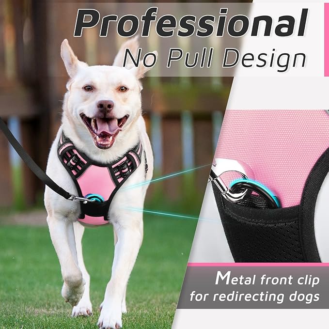Eagloo Dog Harness for Large Dogs, No Pull Service Vest with Reflective Strips and Control Handle, Adjustable and Comfortable for Walking, No Choke Pet Harness with 2 Metal Rings, Pink, L-Mewly Pet