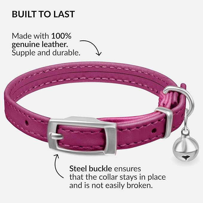 CollarDirect Leather Cat Collar with Bell - Kitten Collar, Small and Big Cat Strap for Boy Cats, Girl Cats with Safety Elastic Strap (Neck Fit 6"-7", Pink)-Mewly Pet
