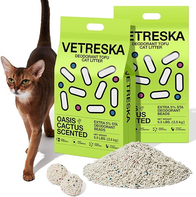 VETRESKA Tofu Cat Litter, Natural Kitty Litter Strong Clumping Flushable Pellets, Ultra Water Absorbent Deodorant Tofu Litter, Dust-Free Low Tracking Cat Litter, Cactus(5.5lb×2bags)-Mewly Pet