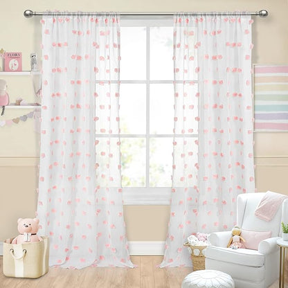 MYSKY HOME Large Pom Pom Curtains - 108 Inch Length, 2 Sets Semi Sheer Boho Curtains for Living Room, Dining Room, Baby Pink, Rod Pocket Backdrop Window Drapes, 37 x 108 inch
