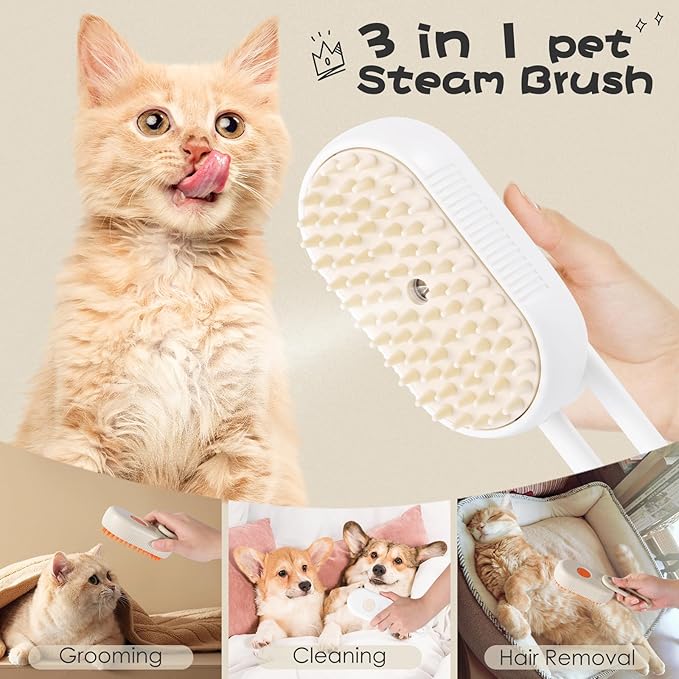 Cat Steam Brush, 3 in 1 Self Cleaning Steamy, Spray Silicone Massage Comb, Hair Removal Tool with Handle Multifunctional Grooming Brush for Cats Dogs-Mewly Pet