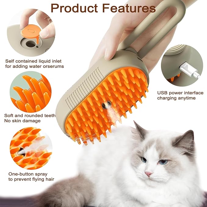 Cat Steam Brush for Shedding, 2025 New 4 in 1 Rechargeable Steam Pet Brushes for Cats & Dogs, Indoor Anti-static Pets Brush for Massage, Cleaning, Shedding & Combing Hair (Beige)-Mewly Pet