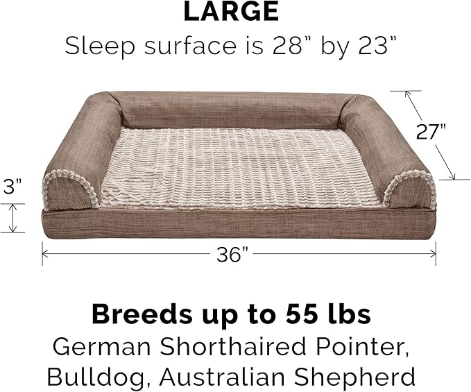Furhaven Cooling Gel Dog Bed for Large/Medium Dogs w/ Removable Bolsters & Washable Cover, For Dogs Up to 55 lbs - Luxe Faux Fur & Performance Linen Sofa - Woodsmoke, Large-Mewly Pet