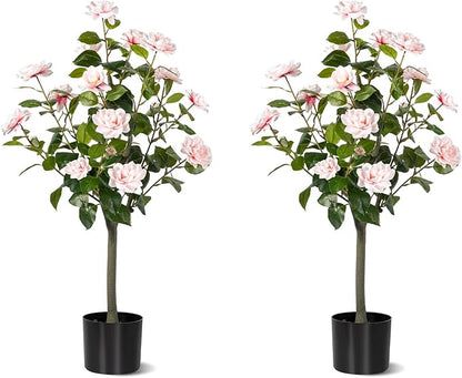 Artificial Camellia Tree 2 Pack, Artificial Plants Outdoor Faux Floral Plant in Cement Pot Fake Silk Camellia Tree Plants for Home House Living Room Office Decor