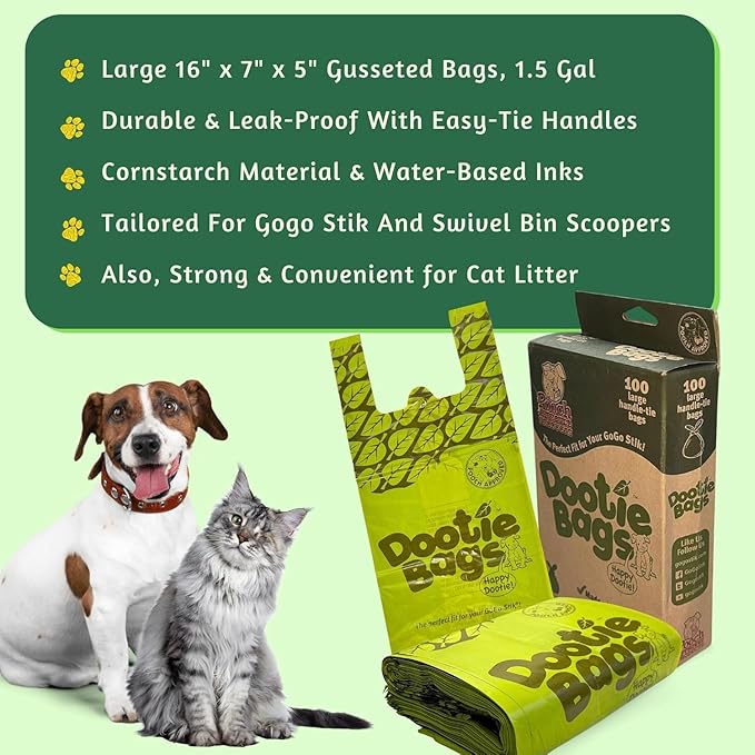Pooch Approved Large Dootie Bags - Dog Poop Bags - Tie-Handles - 100 Count Dootie Strong and Leakproof - Perfect for Dogs & Cats - Litter - Pet Waste Cleanup - Swivel Bin & GoGo Stik Scoopers-Mewly Pet