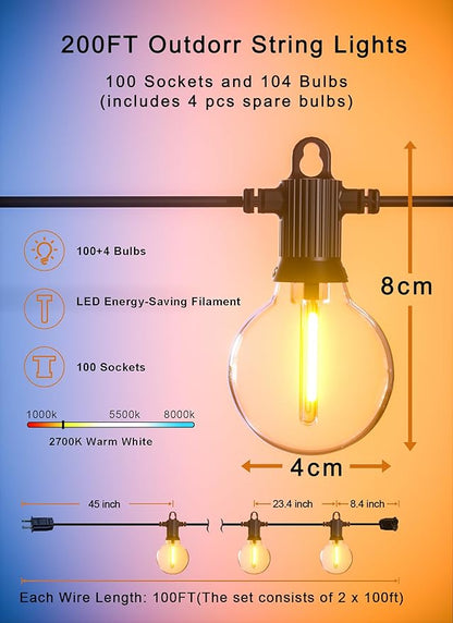 Outdoor String Lights, 200FT Patio Lights with 100 Shatterproof G40 Globe Bulbs(4 Spare), Waterproof Connectable Dimmable LED Hanging String Lights for Outside Backyard Porch Balcony (100FT x 2)