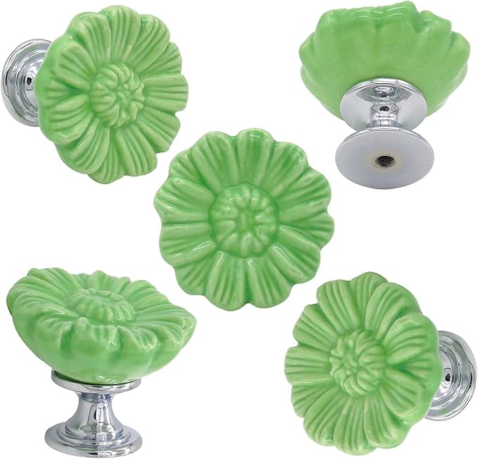 6PCS Vintage Floral Daisy Ceramic Dresser Drawer Knobs Elegant Cabinet Cupboard Door Hardware Pull Handles w/Screws Green