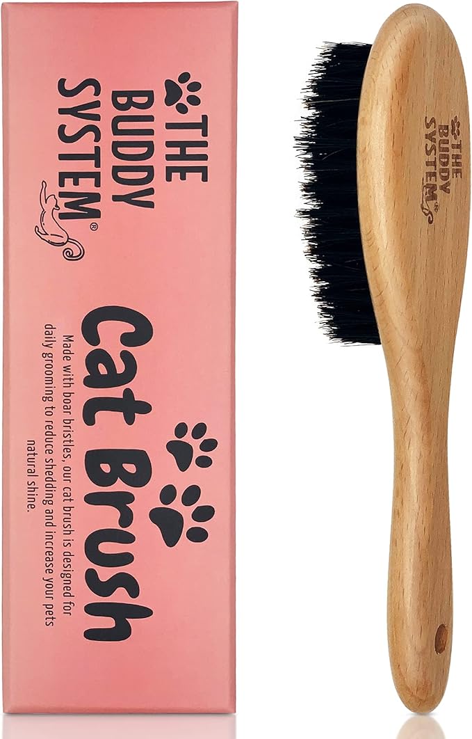 The Buddy System Cat Brush with Boar Bristle and Wooden Handle, Professional Grade Daily Grooming Hairbrush, Reduce Shedding, Soft Hair and Healthy Shine (1 Pack)-Mewly Pet