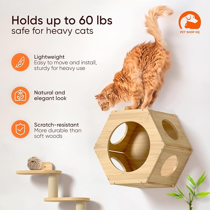 Cat Wall Furniture - Climbing Shelves, Ladders, Hammock & More - Bamboo Material - Light Brown - Cat House, Shelves, Perches, Hammock, Bed, Bridges, Walkways-Mewly Pet