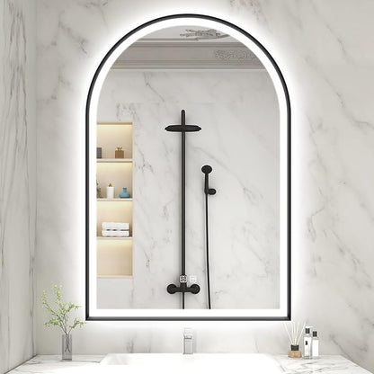 S'bagno 24x36 Arched Black LED Mirror for Bathroom with Frontlit & Backlit, LED Bathroom Mirror with Metal Frame, Anti-Fog, Stepless Dimmable, 3 Color Temperature Vanity Mirror