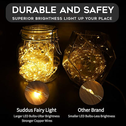suddus 66ft 200 LED Outdoor String Lights, Warm White Christmas Fairy Light Battery Operated with Remote, Led Twinkle Lights for Bedroom, Dorm, Patio, Fireplace, Backyard, Garden, Xmas, Party, Indoor