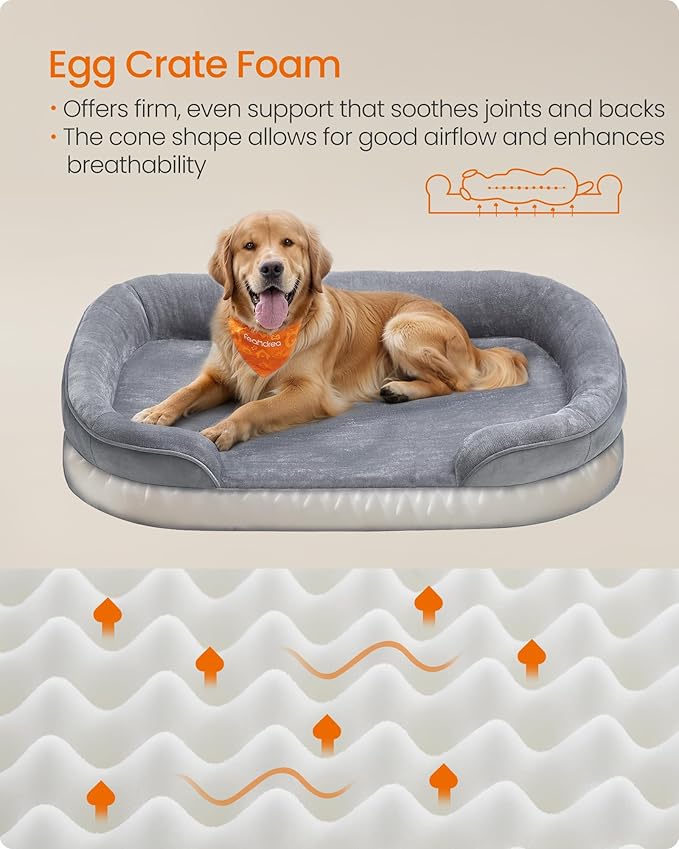 Feandrea Dog Bed, Large Orthopaedic Dog Sofa Bed, 42 x 30 x 7 Inches, Egg Crate Foam, Waterproof Liner, Raised Edges, Removable and Machine Washable Cover, Non-Slip, Light Gray UPGW283G01-Mewly Pet