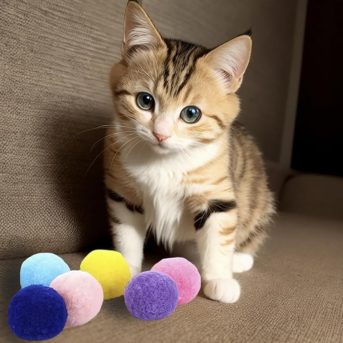 Cat Toy Balls, 30Pcs Premium Soft Pom Pom Balls for Kittens, 1,2'' Funny Interactive Cat Pompom Toys for Bored Indoor Cats Playing Plush Balls for Craft DIY Decorations,Cute Kitten Kitty Toys.-Mewly Pet