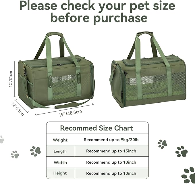 Petsfit 19x12x12 Pet Carrier for Large Cats (up to 20 lbs), Soft-Sided Small Dog Travel Carrier, Upgraded with Patented Buckle and Soft Padding, Ideal for Car Road Trips Green-Mewly Pet