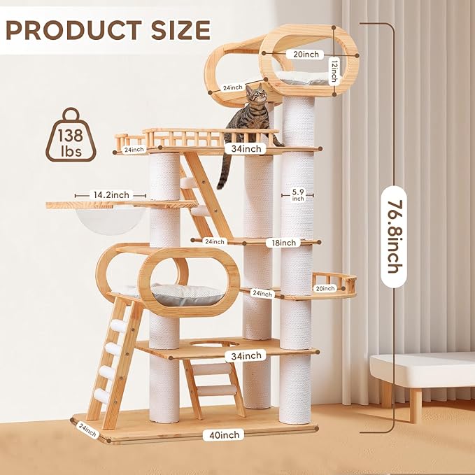 76.8'' Tall Modern Large Cat Tree,Multi-Level Wood Cat Tower for Indoor Cats Large Adults,Luxury Heavy Duty Cat Condo with Cushion,Scratching Posts,Clear Hammock Activity (76.8inch)-Mewly Pet