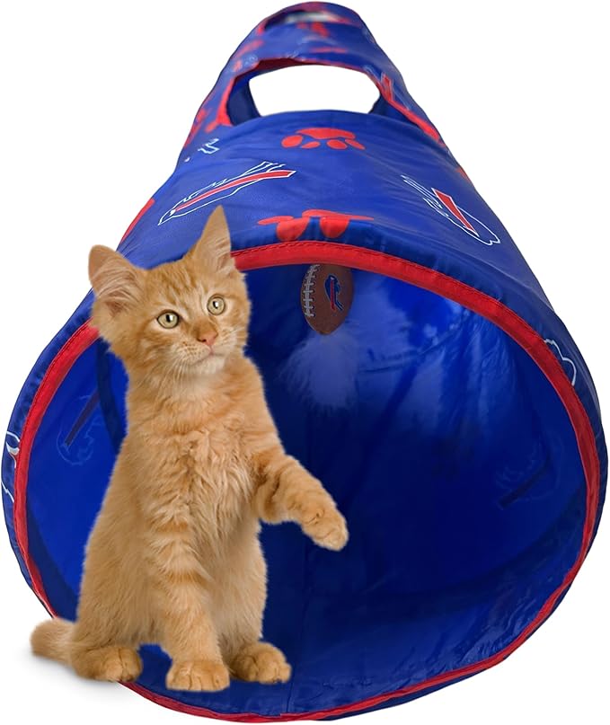 NFL Buffalo Bills Cat Tunnel Tube Toy with Plush Football Catnip and Feathers Collapsible Tunnel for Cats to Play, Peek and Hide, Sporty & Fun Cat Tunnel Toy with Team Logo All-Over Design!-Mewly Pet