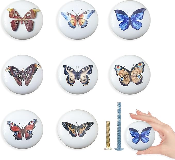 JamJam 8Pack 1.5" Cute Unique Nursery Kids Ceramic Butterflies Cupboard Cabinet Door Furniture Dresser Drawer Pulls and Knobs