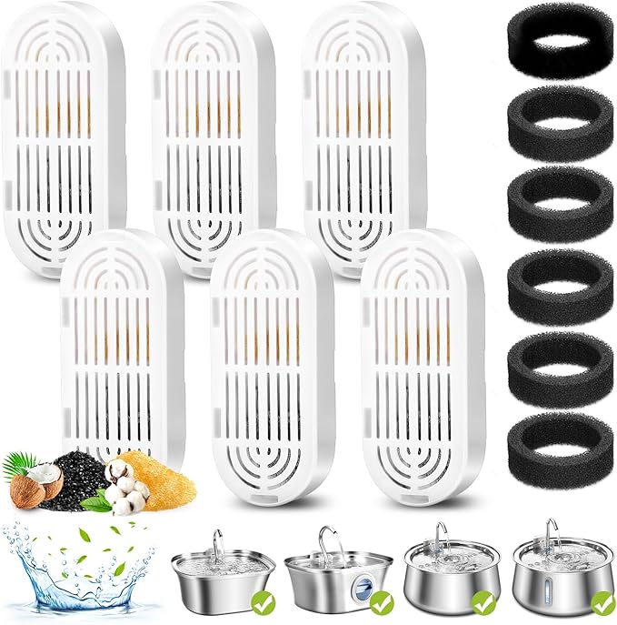 6 Pack Replacement Cat Fountain Filters & Replacement Sponges for Stainless Steel Pet Fountain with Water Level Window, Fountain Carbon Filters for Dog Water Dispenser Bowl-Mewly Pet