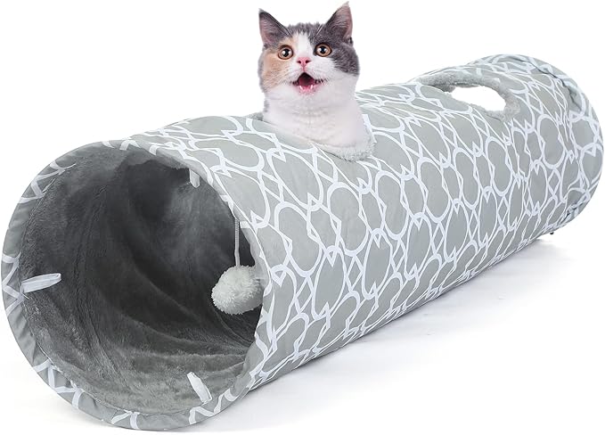 LUCKITTY Geometric Straight Cat Tunnel with Plush Inside,Cats Toys Collapsible Tunnel Tube with Balls, for Rabbits, Kittens, Ferrets,Puppy,Diameter 11.8 Inch-Mewly Pet
